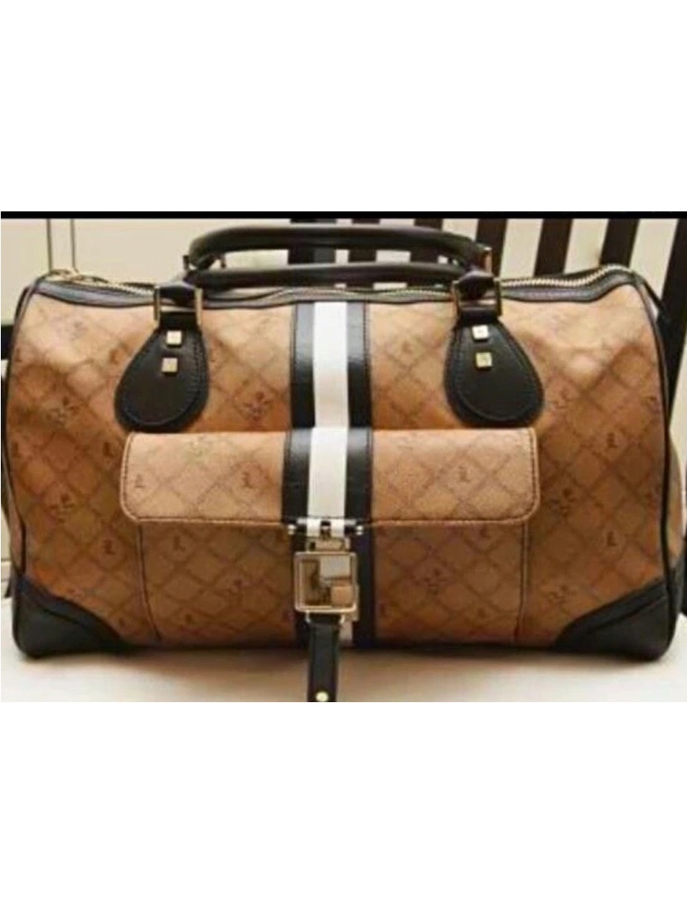 L.A.M.B. Brown Black Logo Stripe Satchel Top Handle Zip Buckle Gold Charm
